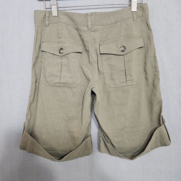 theory Sz 2 Linen Blend Safari Shorts Bermuda Legnth Cuffed Roll Tab Drab Green - Picture 3 of 8